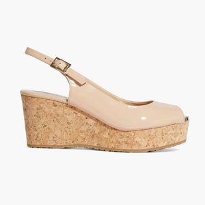 Authentic Jimmy Choo Praise patent-leather wedge sling back sandals beige